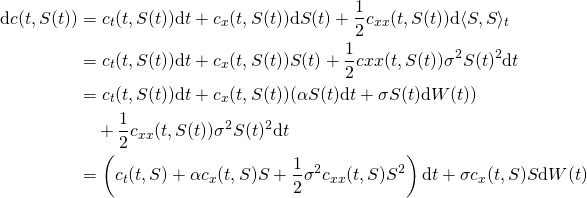 \begin{equation*}\begin{aligned}\mathrm{d} c(t,S(t)) & = c_t(t,S(t)) \mathrm{d} t + c_x(t,S(t)) \mathrm{d} S(t) + \frac{1}{2}c_{xx}(t,S(t)) \mathrm{d} \langle S,S \rangle_t \\ & = c_t(t,S(t)) \mathrm{d} t + c_x(t,S(t))\ud S(t) + \frac{1}{2}c{xx}(t,S(t)) \sigma^2 S(t)^2 \mathrm{d} t \\& = c_t(t,S(t)) \mathrm{d} t + c_x(t,S(t))(\alpha S(t) \mathrm{d} t + \sigma S(t) \mathrm{d} W(t)) \\ & \quad + \frac{1}{2}c_{xx}(t,S(t)) \sigma^2 S(t)^2 \mathrm{d} t \\& = \left( c_t(t,S) + \alpha c_x(t,S)S + \frac{1}{2}\sigma^2 c_{xx}(t,S) S^2 \right) \mathrm{d} t + \sigma c_x(t,S) S \mathrm{d} W(t)\end{aligned}\end{equation*}